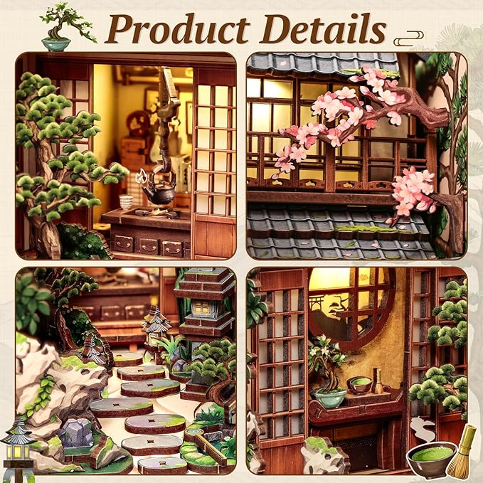 CUTEBEE Book Nook Kit - DIY Miniature House Japanese Zen Diorama Kit, Dollhouse Booknook for Adults, Tiny House Bookshelf Decor 3D Wooden Puzzle Gifts (Serene Courtyard)