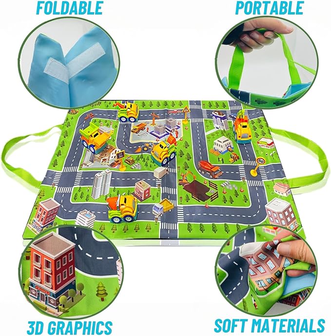 Construction Toy Trucks and Play Mat – Build & Play Vehicles with Foldable Mat & Storage Bag | Portable Travel Toy for Toddlers Kids Ages 2-5 | Easy Storage & Transport for Fun On-the-Go