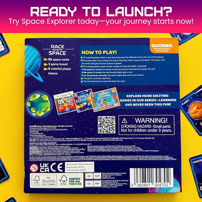 QUOKKA Space Board Game for Kids Ages 8-12 and Families – Fun Space Trivia Game with 50 Cards, Colorful Tokens & Game Board – Learn Planets, Moons Facts – Educational Family Games