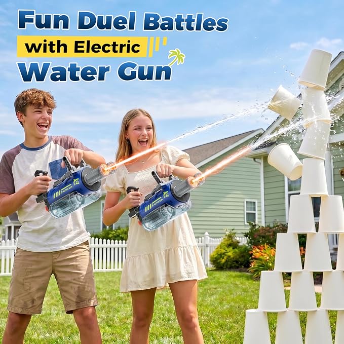 Electric Water Gun for Adults & Kids, Voice Control Automatic Water Guns, 26-30 FT Long Range Gatling Watergun with LED Lights, Squirt Water Guns Summer Outdoor Pool Toys for Boys Girls Ages 8-12+