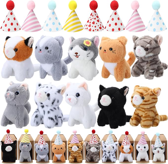 10 Set Kittens Stuffed Animals Bulk with 10 Birthday Hats 10 Kraft Paper Boxes Mini Plush Toys Small Stuffed Cat Pet Gifts for Kids, School Birthday Animal Decor(Cute Style)