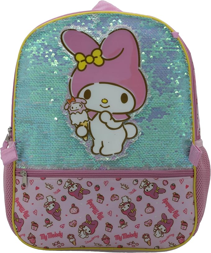 AI ACCESSORY INNOVATIONS Hello Kitty My Melody 5 Piece Backpack Set, Kawaii Flip Sequin Anime School Bag for Girls with Zip Front Pocket, Pink