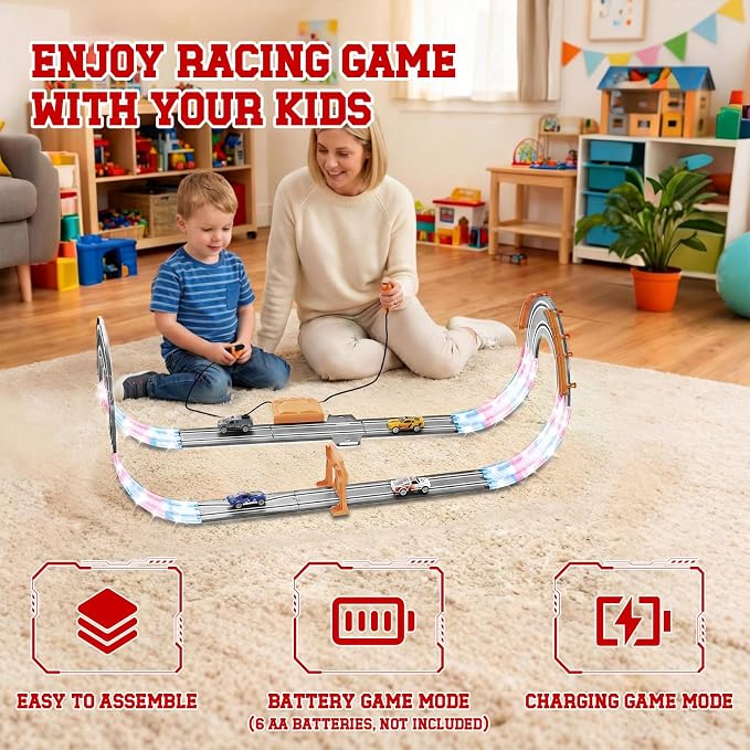 9.86ft 2-in-1 Slot Car Track Sets Toy - with 4 Cars, Battery or Electric Car Track Set with Dual Racing Game, Flash Circular Track, Lap Counter,Birthday Xmas Gifts Toys for Boys(S2-Concrete)