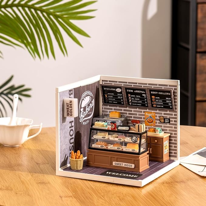 Rolife LED Building Blocks for Adults,1:24 Toy Building Sets,Model Building Kits,DIY Miniature Dollhouse Kits for Adults,Hobbies for Women Men (1.Golden Wheat Bakery)