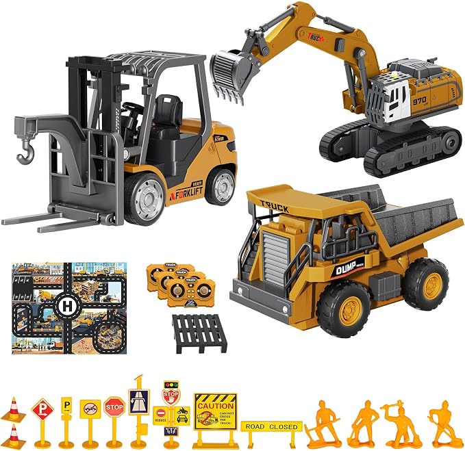 RC Construction Vehicles Toys Set 3 in 1 with Mini Excavator Dump Truck Forklift Real Lights & Sounds and Movable Parts & Traffic Sign Construction Site Map USB Charge Birthday Gifts for Kids Adults