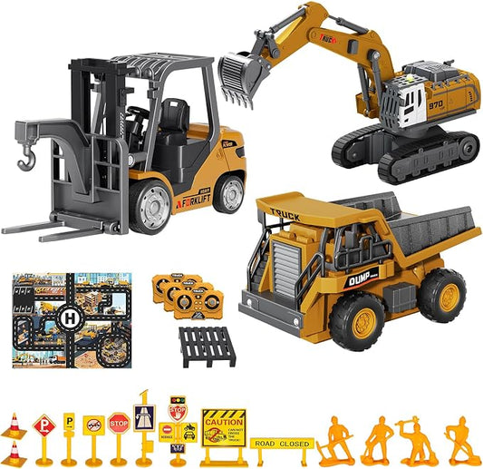 RC Construction Vehicles Toys Set 3 in 1 with Mini Excavator Dump Truck Forklift Real Lights & Sounds and Movable Parts & Traffic Sign Construction Site Map USB Charge Birthday Gifts for Kids Adults