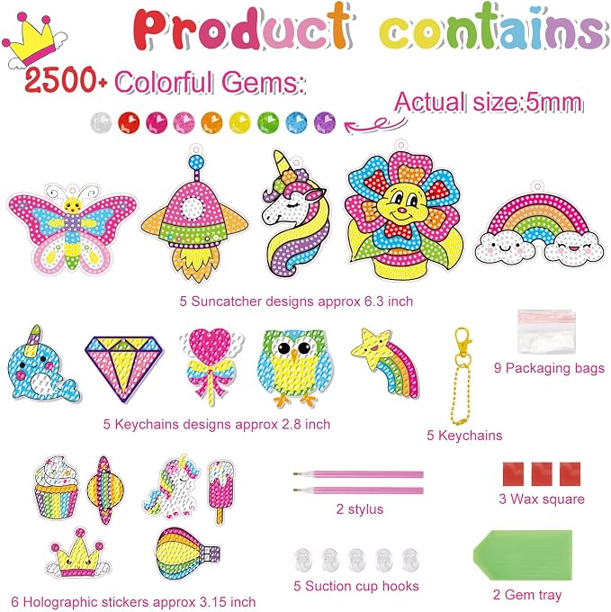 BANBBUR 16 Pcs Gem Art for Kids Age 4-8 8-12,Kids Crafts 5D Gem Diamond Art Kit with 5 Suncatchers/5 Keychains/6 Magical Stickers,Painting Art Crafts for Christmas