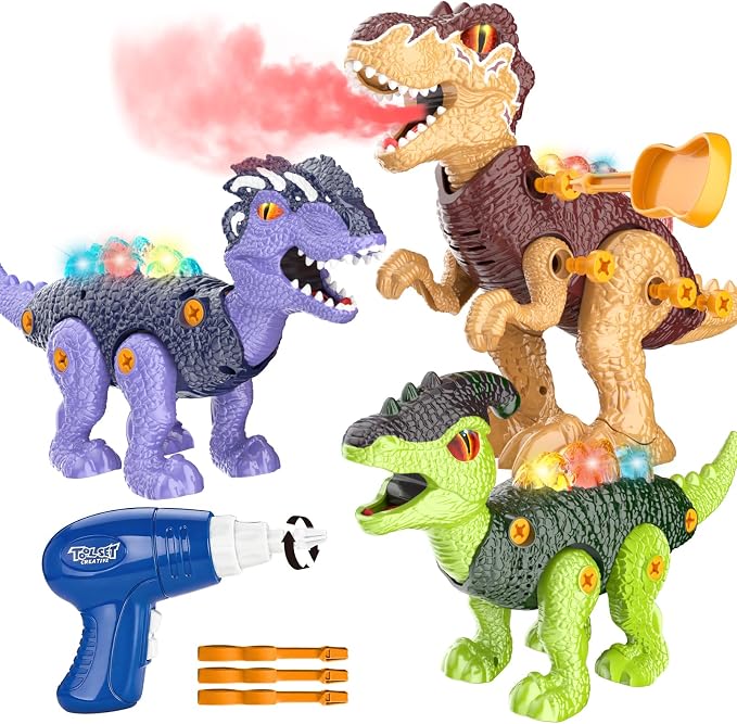 Take Apart Dinosaur Toys for Kids 3-5, Walking Dinosaurs with Spray, Lights & Electric Drill, STEM Educational Construction Building Toy, Christmas Birthday Gift for 3 4 5 6 7 8 Year Old Boys