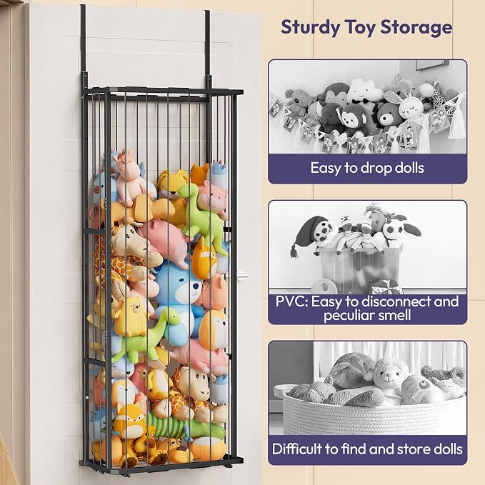 SWTYMIKI Hanging Stuffed Animal Storage - Over Door Large Plush Toy Organizer, Wall Mounted or Corner Stuffie Storage for Nursery, Doll & Bear Plush Organizer for Kid Room Bedroom (Black, 3-Tier)