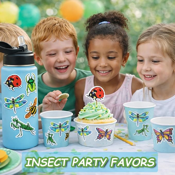 QTL Bug Stickers for Kids, Insect Party Favors, Waterproof Vinyl Stickers for Water Bottle and Laptop, 50PCS