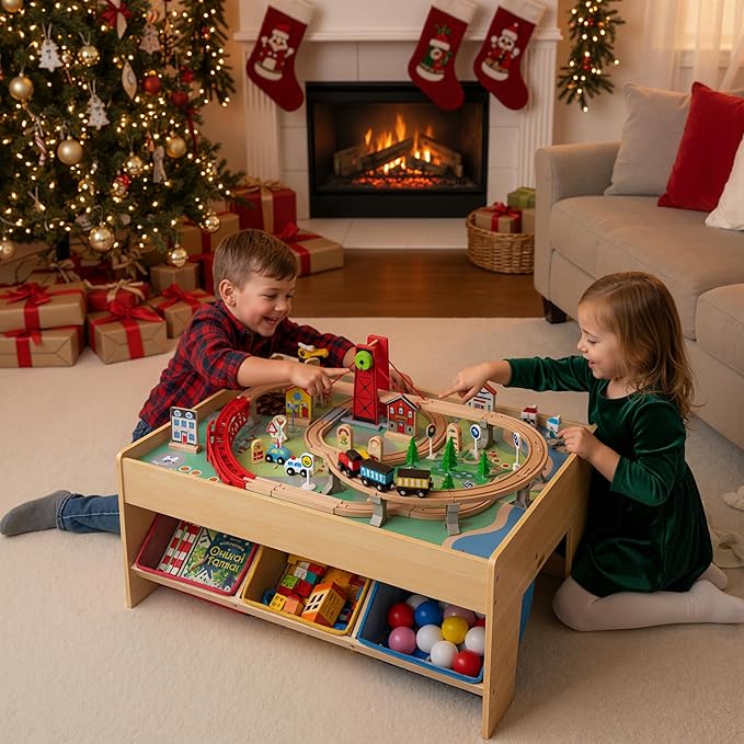 INFANS Train Table with Storage, 94 Pieces Wooden Kids Activity Toy Table Playset with 3 Foldable Boxes Reversible Detachable Tabletop, Tracks, Train, Railway, Gift for Toddler Boys Girls Ages 3+
