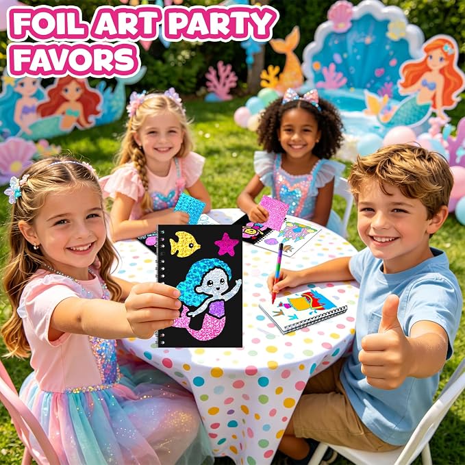 FUNNYB&G Foil Art Party Favors for Kids - 24 Pack Foil Art Crafts Kits Coloring Books, Goodie Bag Stuffers Party Favors for Kids 4-8 8-12, Bulk Birthday Classroom Prizes Girls Boys Gifts (Mermaid)
