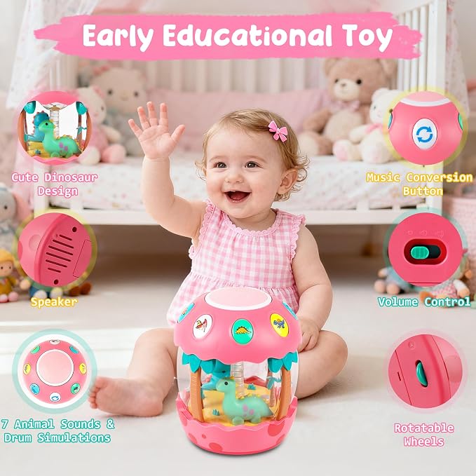 M SANMERSEN Baby Girl Toys, Dinosaur Rotating Light Up Musical Baby Toys for 12-18 Months Newborn Infant Crawling Tummy Time Toys, Birthday Easter Gifts for Baby Girls- Pink