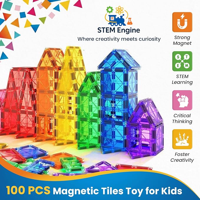 100 Pc Magnetic Tiles Magnetic Building Blocks Set for Kids Educational Magnet Tiles for Kids