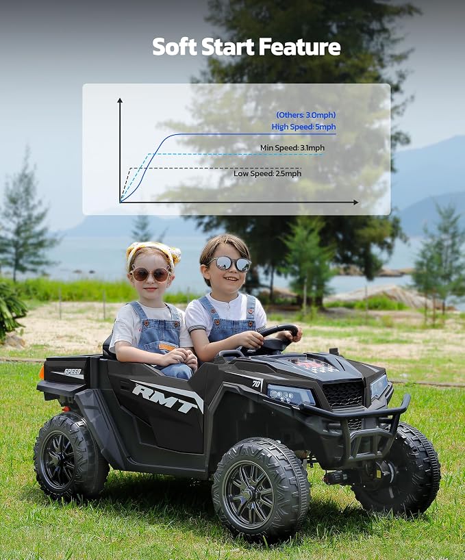 ELEMARA 24V Ride on Toy for Big Kid,Ride on Car 2 Seater w/Sun Shade,Dump Bed & Shovel,4.5MPH,4WD Electric Car for Kids,Battery Car w/Remote,Kids Ride on Truck,3 Speed,LED Lights,Bluetooth, Dark Black