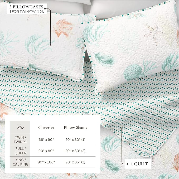 Great Bay Home Coastal Quilt Set - 3-Piece King/California King Size Nautical Bedding Set - Lightweight, All-Season, Reversible Bedspread (Coral Reef)