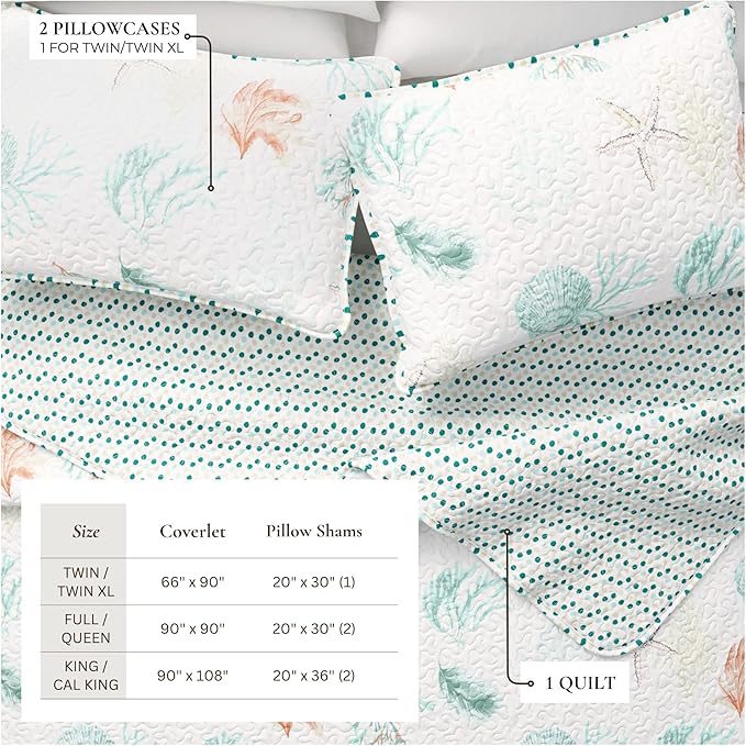 Great Bay Home Coastal Quilt Set - 3-Piece Full/Queen Size Nautical Bedding Set - Lightweight, All-Season, Reversible Bedspread (Coral Reef)