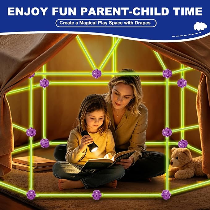 Glow In The Dark Fort Building Kit for Kids Age 4, 5, 6, 7, 8+ Years Old, STEM Building Toys for Indoor Outdoor, kids Creative Construction Toys Set, Christmas Birthday Gifts for Boys & Girls, 140 Pcs