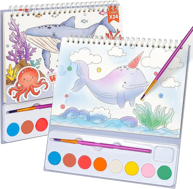Watercolor Painting Coloring Books, Paint with Water Arts & Crafts Kit for Kids, Travel Activities Art Supplies Party Favors Exchange Birthday Gifts for Boys Girls, Spiral-Bound (Marine)