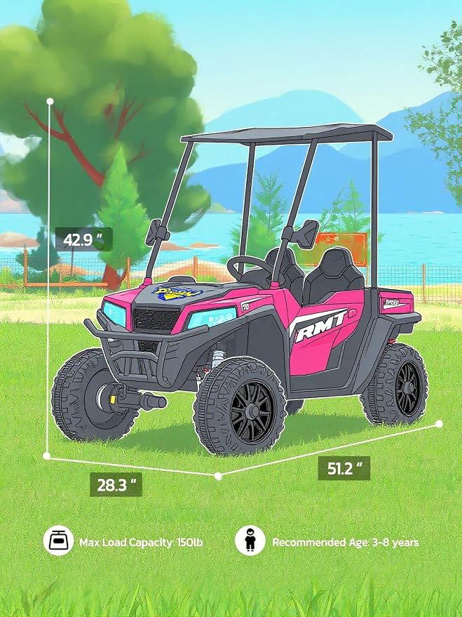 ELEMARA 24V Ride on Toy for Big Kids,Ride on Car 2 Seater w/Sun Shade,Dump Bed & Shovel,4.5MPH,4WD Electric Car for Kids,Battery Car w/Remote,Kids Ride on Truck,3 Speeds,LED Lights,Bluetooth, Pink
