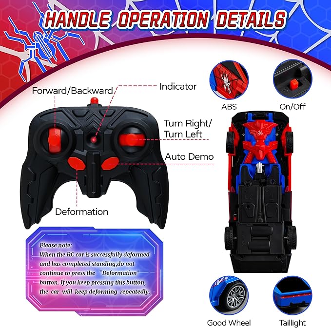 Spider Remote Control Car Cyber-Inspired Transformer Toys Cars 2.4Ghz One-Button Deformation 360° Rotation Drift Rc Car Robot Rc Truck Toy for 4 5 6 7 8+ Years Old Boy Toys