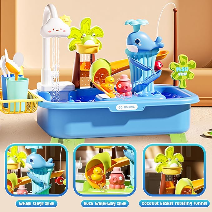 Upgraded Toddler Sand Water Table Toy with Electric Water Pump, Kids Sand Water with Faucet/Play Food Accessories/Fishing Toy, Kitchen Play Sink Toys for Girl Boy Age 3+