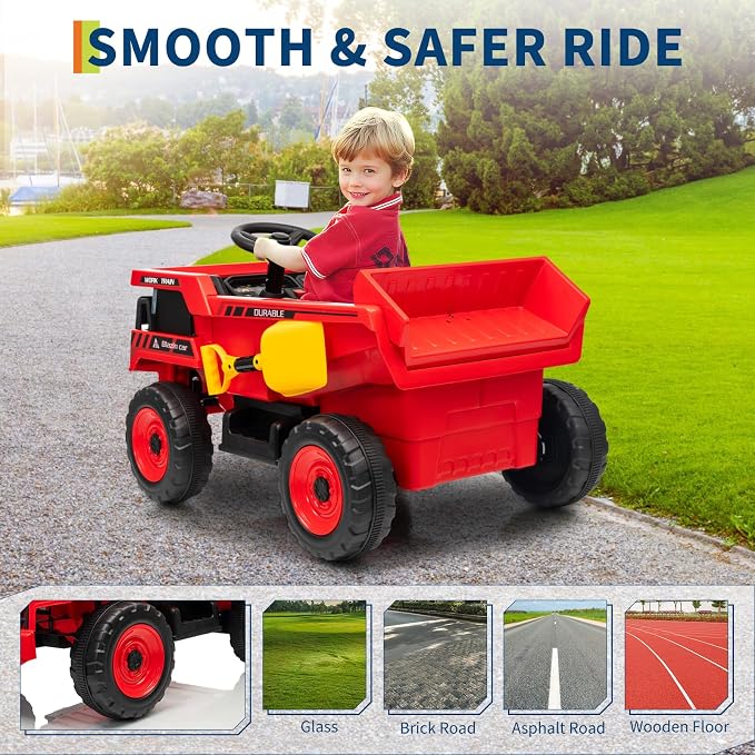 Garvee 12V Ride On Dump Truck for Kids, Ride On Car with Remote Control, Construction Vehicles with Dump Bed & Shovel, Ride-On Toys 16.5 in Spacious Seat, Music, Headlights, Soft Start, Red