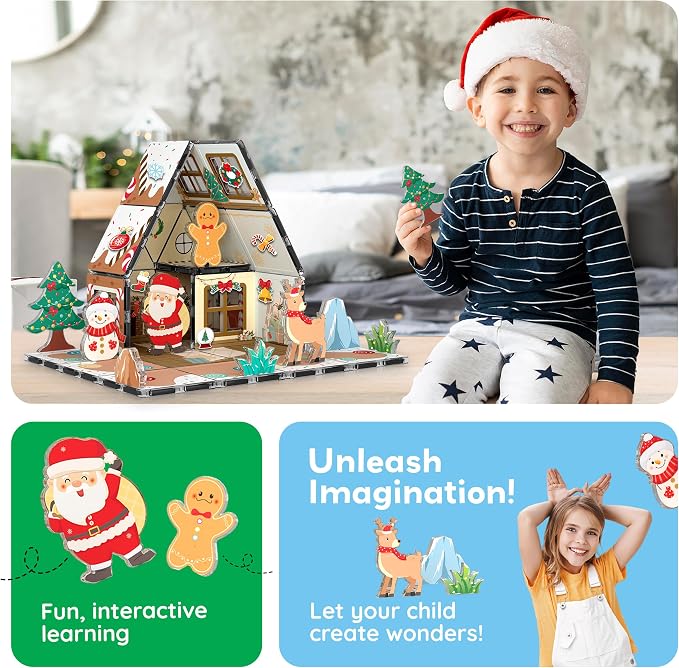 PicassoTiles Magnetic Tiles Gingerbread House Holiday Character Action Figures Santa, Snowman, Deer Winter Theme Construction Kit Magnet Building Blocks STEM Learning Gifts Toddler Toys Ages 3+ PTQ09