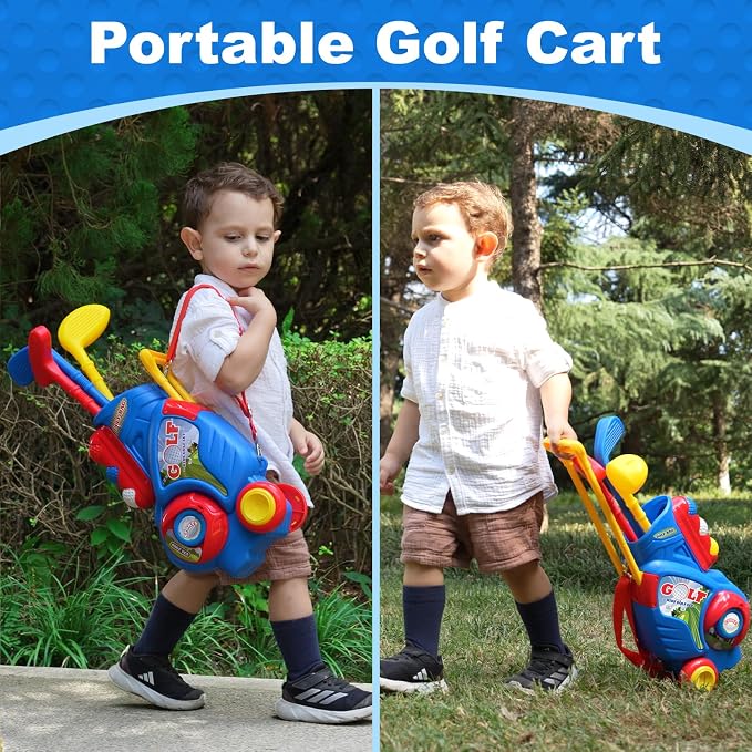 Toddler Golf Set for Boys Girls 2 3 4 Years Old, Upgraded Kids Golf Cart with Putting Mat & Cornhole Board, Outdoor Indoor Sports Toys, Blue