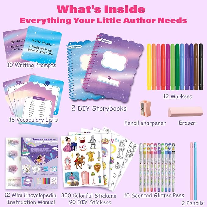 Storybook Art Kit, Make Your Own Story Book, DIY Writing Journal with 400+ Stickers, 24 Pens, 2 Scrapbooking & Journal Supplies, Hardcover Book Making Kit for Kids Easter Gifts for Girls Ages 5-10