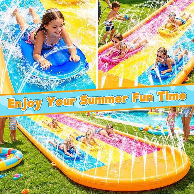 [ 3 Sided Safe Fence ] Extra Width Triple Slip Water Slide with 3-Way Sprinklers, Backyard Lawn Water Slides and 3 Bodyboards with Handle, Summer Outdoor Water Fun Toys for Kids Adults,16Ft x 7Ft