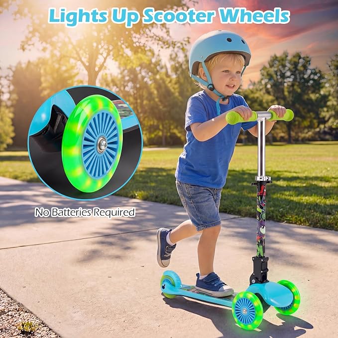 OLAKIDS Kids Kick Scooter with LED Front Wheels, 3-Level Adjustable Handlebars, Lean-to-Steer Design, Rear Foot Brake, Wide Anti Slip Deck, 3-Wheel Scooter for Kids Ages 2-5