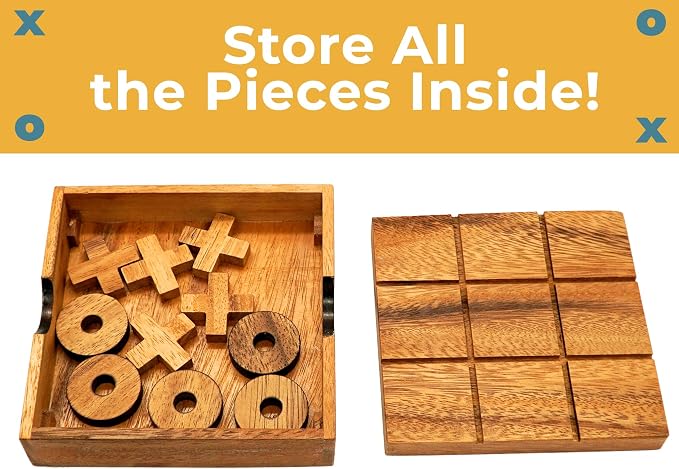 BSIRI Wooden Tic Tac Toe Game Coffee Tabletop XO Blocks Ideal for Family Living Room Games Night for Adults for Desk Decor and Unique Wood Gifts for All Occasions 5.5 Inch