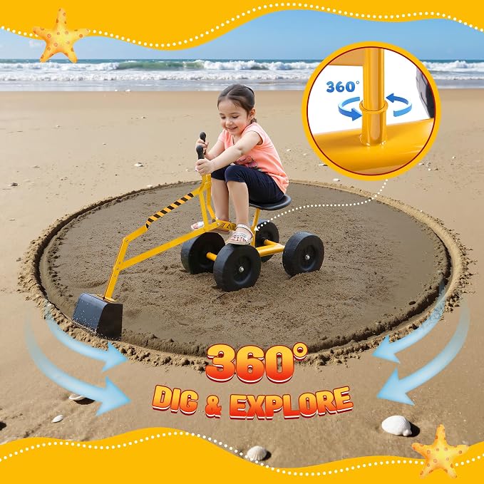 Albott Ride On Sand Digger Excavator Toys Working Crane with 8 inches Wheels and 360° Rotation Seat (Yellow)