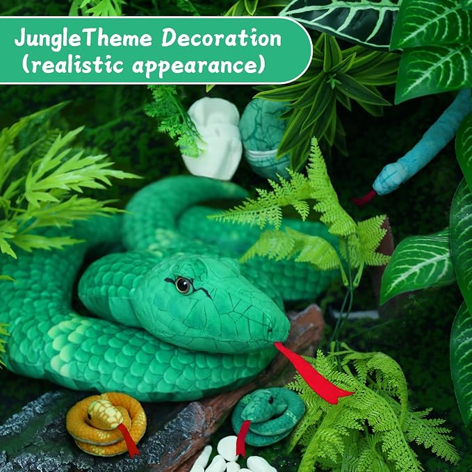 Muiteiur Giant 6 Piece Snake Stuffed Animal, 55 inch Mommy Snake with 3 Baby&2 Egg, Green Large Jungle Plush Toy, Realistic Serpent Plush Toy Gift for Kids Girls Boys