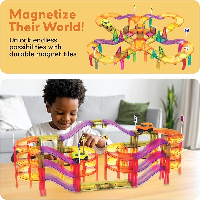 PicassoTiles 60pc Magnetic Tile Race Car Track Set STEM Construction Road Kit Building Blocks for Kids Toddlers Age 3 Plus Educational Travel Toy Sensory Preschool Learning for Boys and Girls PTMR60