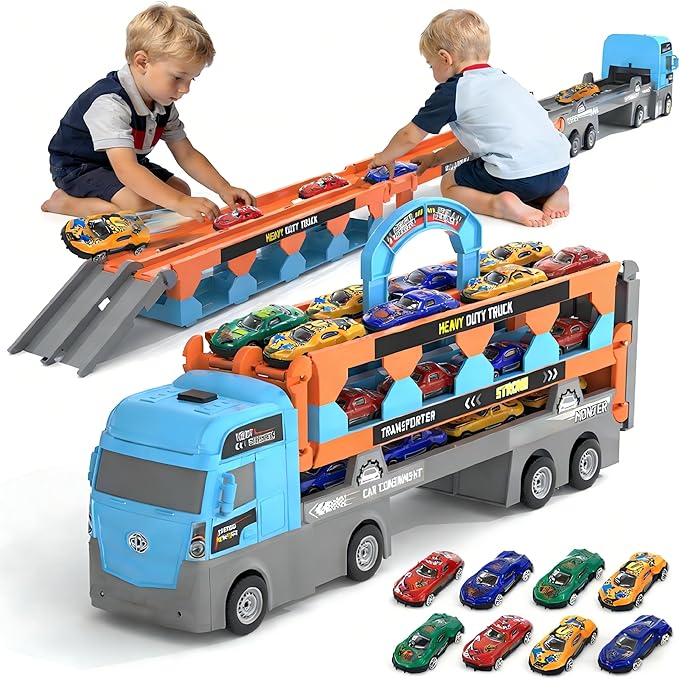 2-in-1 Foldable Race Track Truck Car Playset for 2-8 Years Old Boys Girls, Kids Truck Toys with Foldable 3 Layer Play Track & 8 Race Cars, Children's Day Birthday Gifts for Toddlers