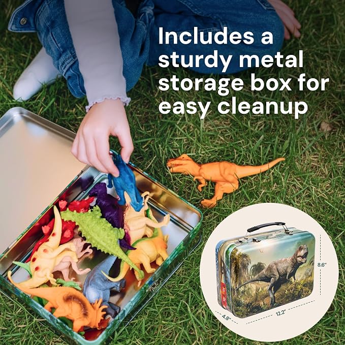 PLAYVIBE Dinosaur Toys - 12 Realistic 9-Inch Models, Multi-Color, Metal Storage Box - Dinosaur Figures & Action Figures for Kids Ages 3-7 - with Metal Storage Box - for Boys & Girls