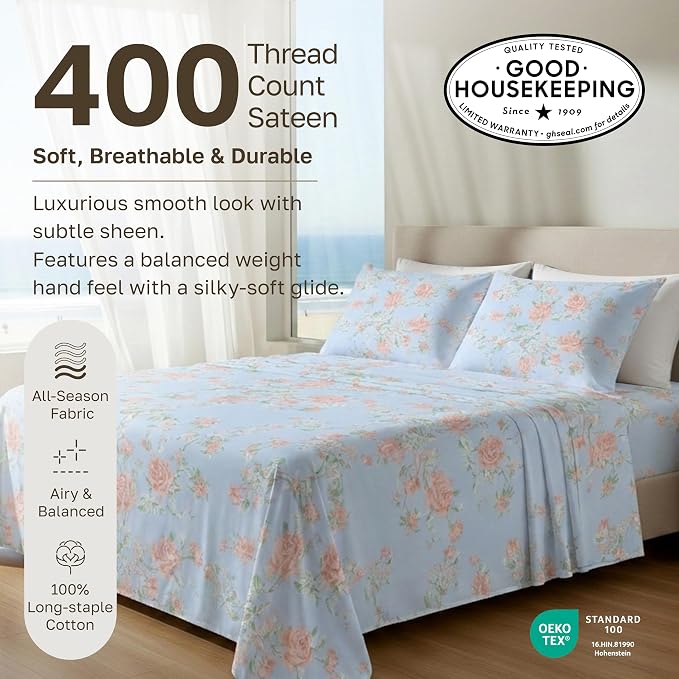 California Design Den Soft Cotton Bed Sheets Full Size Set, 400 TC Good Housekeeping Award Winner, Smooth Sateen Finish with Deep Pockets, Cozy and Durable Full Bedding Set - Floral Blue/Pink