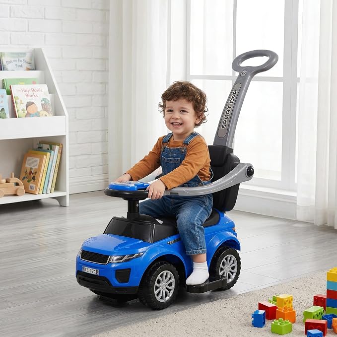 Aosom 3 in 1 Push Cars for Toddlers Kid Ride on Push Car Stroller Sliding Car with Horn Music Light Function Secure Bar Ride on Toy for Boy Girl 18-36 Months, Blue