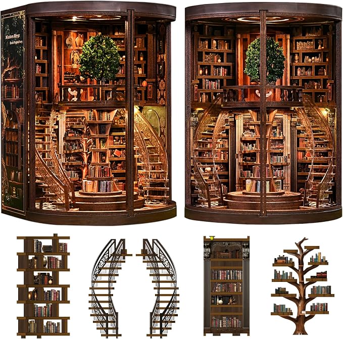 Roroom DIY Miniature House Kit, Wisdom Rings Book Repository Book Nook Kit with LED Light,3D Wooden Puzzle Miniature Dollhouse Kit for Bookshelf Decor-Creative Gift for Family and Friends