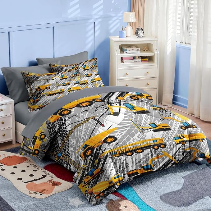 Nesker 7 Pcs Comforter Set Queen Size, Cartoon Yellow Vehicle Bedding for Kids Teen, Trucks Construction with Fitted Sheet 2 Pillowcases & 2 Shams for Bedroom Bed Decor