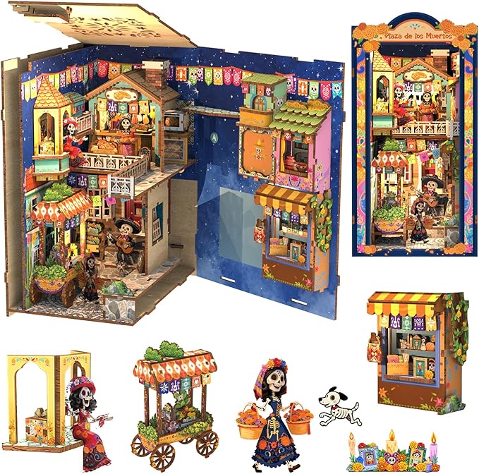 Cutefun Book Nook Kits for Adults, Mexican Art & Culture DIY Miniature House Dollhouse Bookend, 3D Wooden Puzzle with LED for Bookshelf Insert Decor, Creative Gifts for Teens (Plaza de Los Muertos)
