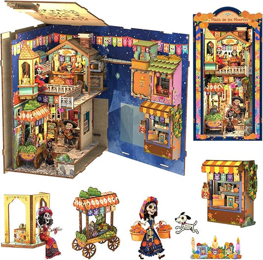Cutefun Book Nook Kits for Adults, Mexican Art & Culture DIY Miniature House Dollhouse Bookend, 3D Wooden Puzzle with LED for Bookshelf Insert Decor, Creative Gifts for Teens (Plaza de Los Muertos)