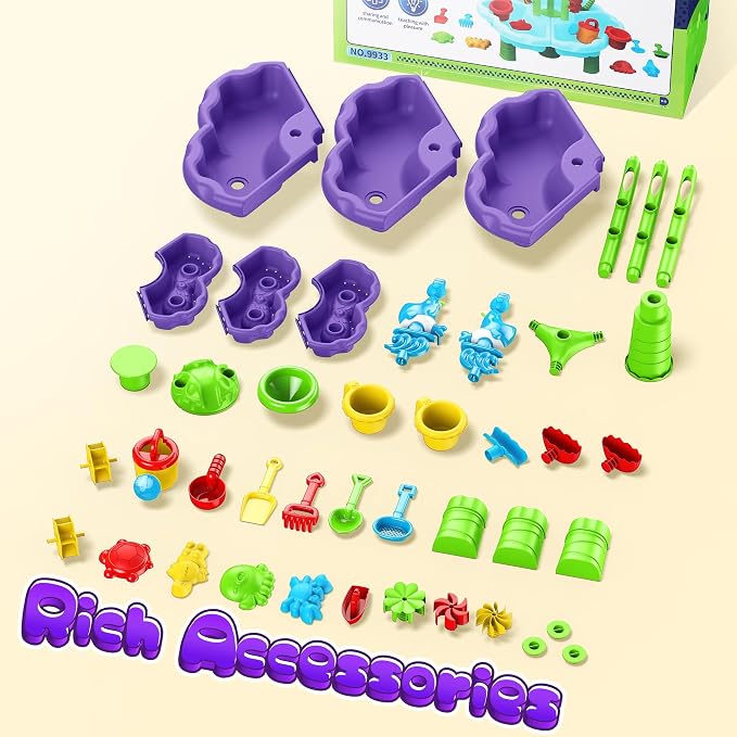 Kids Flower Water Sand Table for Toddlers - 2-Tier Outdoor Water Sand Play Table Toys for Boys Girls, Summer Splash Activity Sensory Table Party Birthday Gift for Kids 3-5 6-12(Purple)