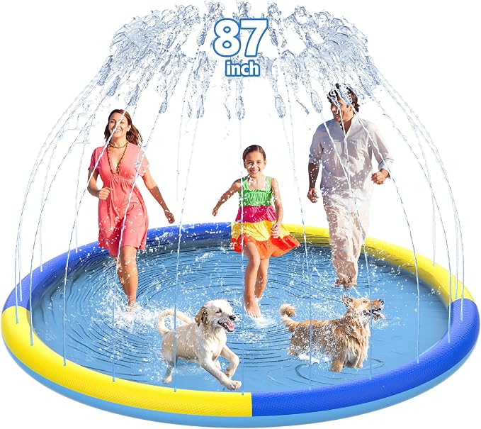 CACSPS 87" Non-Slip Splash Pad for Kids and Dog, Thicken Sprinkler Pool Summer Outdoor Water Toys, Extra Large Backyard Wading Pool for Children Boys & Girls or Pet Dog (Blue&Yellow)