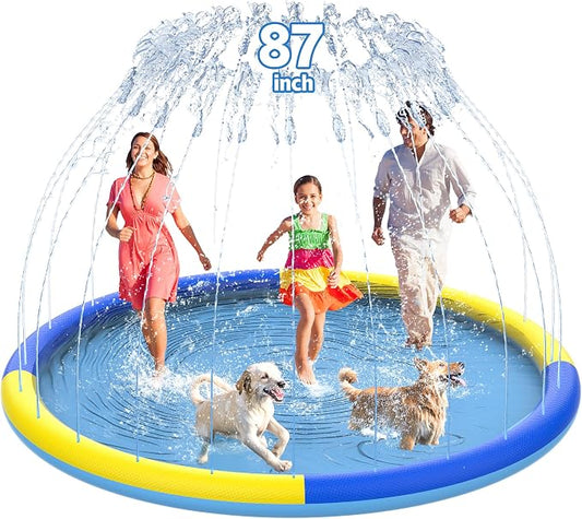 CACSPS 87" Non-Slip Splash Pad for Kids and Dog, Thicken Sprinkler Pool Summer Outdoor Water Toys, Extra Large Backyard Wading Pool for Children Boys & Girls or Pet Dog (Blue&Yellow)