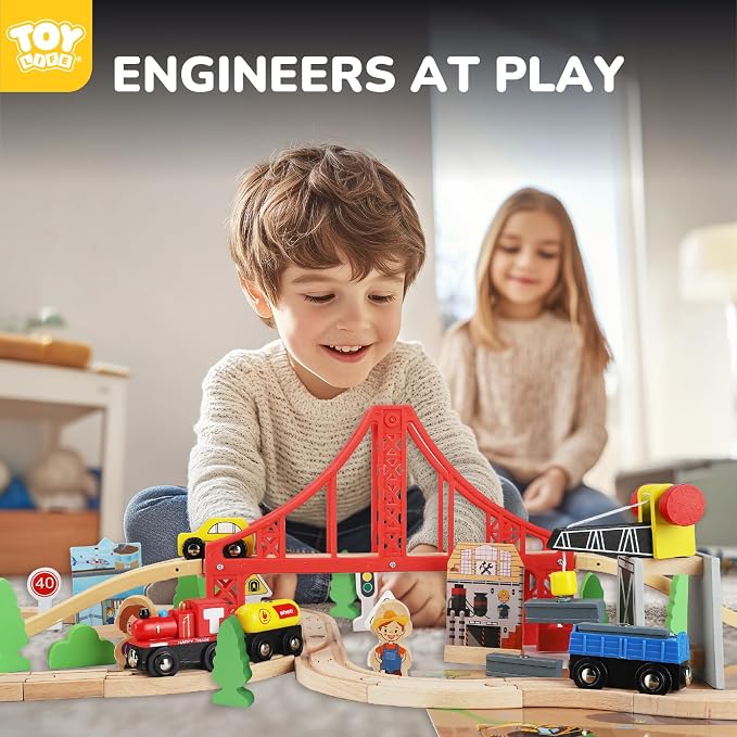 TOY Life Wooden Train Set 80pcs with Magnetic Crane, Wooden Train Tracks Toys for Toddlers Boys Girls 3 4 5, 3 Year Old Boy Gift, Wood Toys Toddler Train for Kids 4-8 - Fits Thomas Brio Chuggington