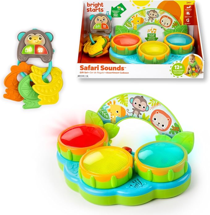 Bright Starts Safari Sounds Gift Set, 2-PK Baby Toys for On the Go, Musical Drum Toy and Car Keys Toy with Car Sounds, Unisex Jungle Theme, 3-6 Months and Up