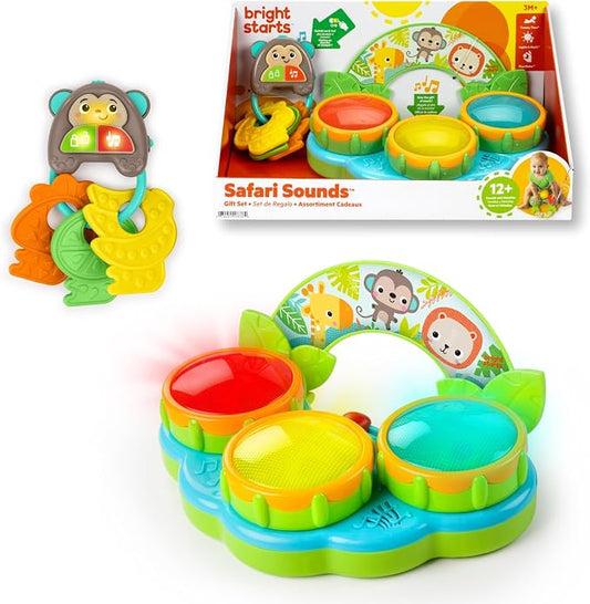 Bright Starts Safari Sounds Gift Set, 2-PK Baby Toys for On the Go, Musical Drum Toy and Car Keys Toy with Car Sounds, Unisex Jungle Theme, 3-6 Months and Up